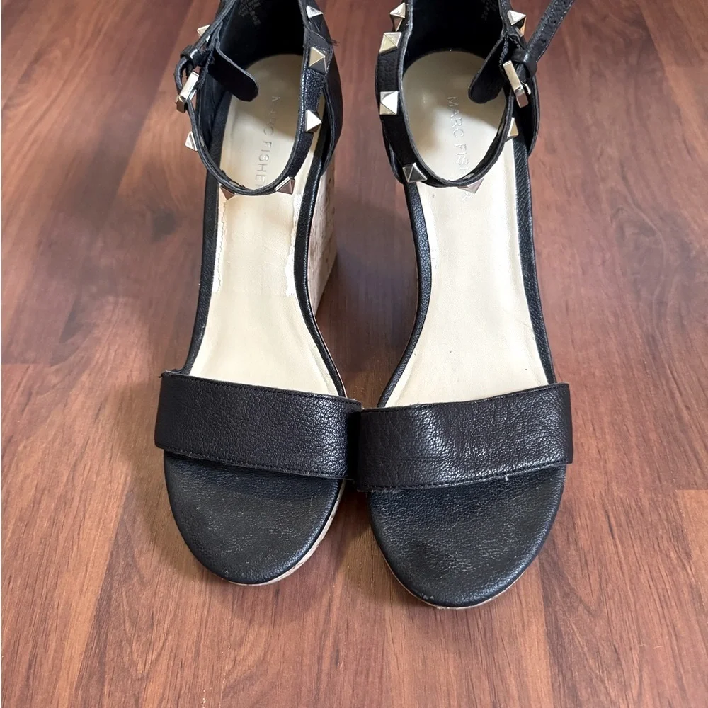 Marc Fisher Black Wedge Studded Leather Sandals Size 10